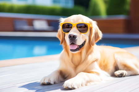 Cute golden retriever dog wearing sunglasses while sitting beside the swimming pool, Cute animal.の素材