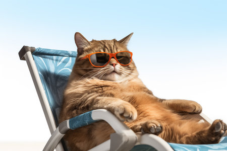Tabby cat wearing sunglass sitting on beach chair, chilling and sunbathing in summer. summer travel images.の素材