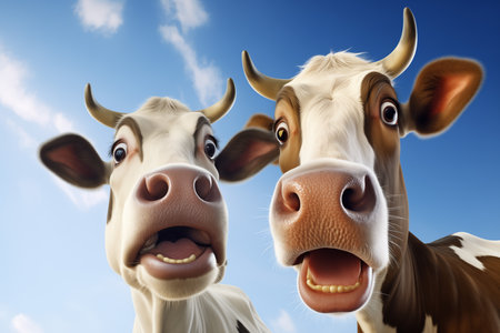 Shocked cow expression, close up shot of cow face. Surprised or amazed expression advertising concept.の素材
