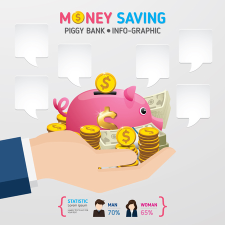 Money saving planning infographics template. Golden coins putting into a pink piggy bank. template for workflow layout, banner, diagram, number options, web design, timeline.のイラスト素材