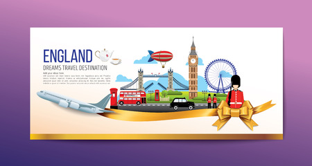 A Luxury England travel, Vector travel destinations icon set, Ribbon, airplane, gold ribbon, graphic elements for traveling to England. Modern flat design. EPS 10. Colorful.のイラスト素材