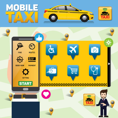 Public taxi service application. Mobile Taxi business service icons template. Can be used for workflow layout, banner, diagram, number options, web design, timeline, infographics.Vector illustration.のイラスト素材