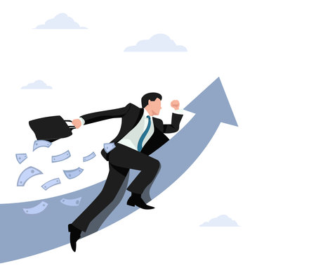 Businessman Jumping Arrow Success Vector Image. Catch the opportunity. Business concept vector illustration. Suitable For Marketing Design Template. Content Digital Design Templateのイラスト素材