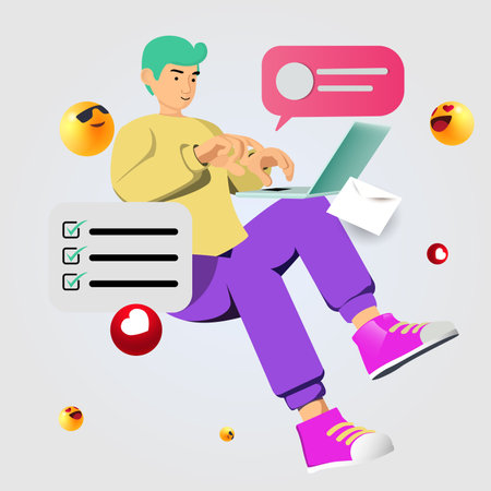 Casual Young Man Floating Using Computer. People Vector Design.のイラスト素材
