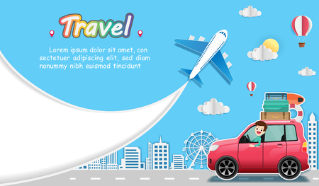 happy man traveler on car. airplane with check in point travel accessories around the world concept on background Design. blank space for text, content paper art, vector, banner, Card, Posterのイラスト素材