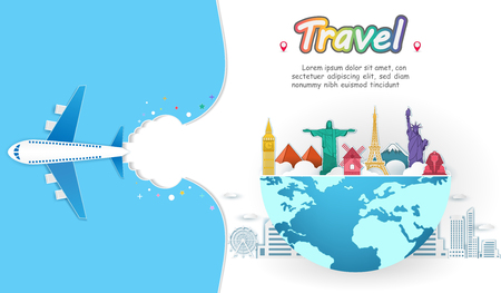 Airplane aerial with check in point travel around the world concept Top world famous landmark. Template world map on blue Background Design, Card for greeting Poster, banner, paper art,のイラスト素材