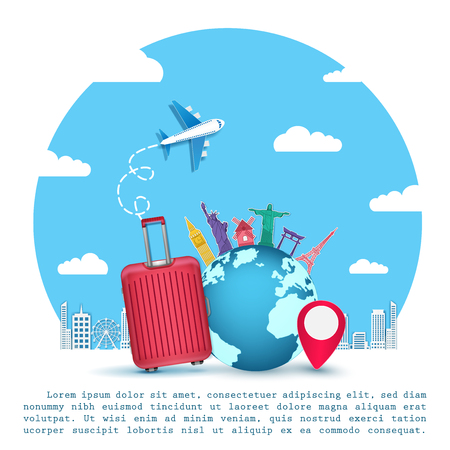 Red luggage and Airplane aerial with check in point travel around the world concept on Background. Top world famous landmark. blank space for text and content paper art, vector, banner, Poster,のイラスト素材