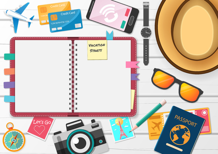Scrapbooking album,  notebook with travel elements and accessories icon. plane around the world concept summer banner on white wood Background Design, paper art, vector, Card, Poster,のイラスト素材
