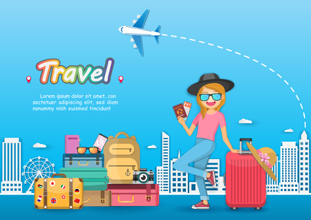 Woman traveler with luggage. Plane Travel symbols, objects accessories around the world on blue Background concept. paper art, vector, banner, Poster,のイラスト素材