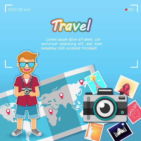 Top world famous landmark. man cute cartoon traveler on blue Background Camera photography and photo picture travel around the world concept blank space for text and content paper art, vector, banner, Card, Poster,のイラスト素材