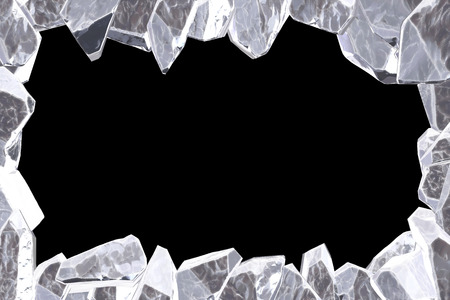 3D Rendering, Broken white crystal Ice Wall with Hole and Place For Your Text isolated on black background.の写真素材