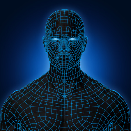 3D Rendering, Human muscle, Black shade anatomy man with Blue Wireframe Face front view on dark background, Clipping path.の写真素材