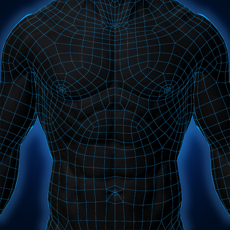 3D Rendering, Human muscle, Black shade anatomy man with Blue Wireframe Body Chest front view on dark background, Clipping path.の写真素材