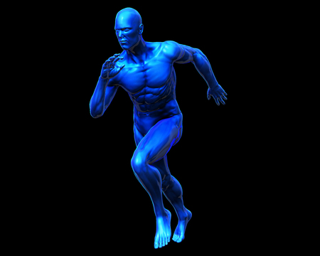 3D Rendering, High resolution, Conceptual health fitness exercise human muscle, Blue shade anatomy man running and spinter perspective view isolate on black background, Clipping path.の写真素材
