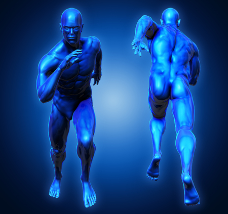 3D Rendering, High resolution, Conceptual  health fitness exercise human muscle, Blue shade anatomy man running and spinter Front and Back view on dark background, Clipping path.の写真素材