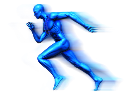 3D Rendering, High resolution, Conceptual  health fitness exercise human muscle, Blue shade anatomy man running and spinter Side view on white background, Clipping path, Motion effectの写真素材