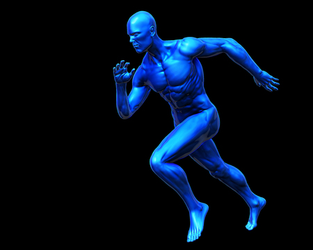 3D Rendering, High resolution, Conceptual  health fitness exercise human muscle, Blue shade anatomy man running and spinter side view isolate on black background, Clipping path.の写真素材