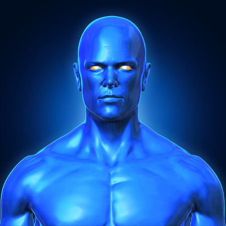 3D Rendering, Conceptual human muscle, Blue shade anatomy man face front view on dark background, with clipping path.の写真素材