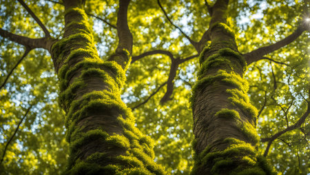 Beautiful green moss on the branches of a tree in the forestの素材