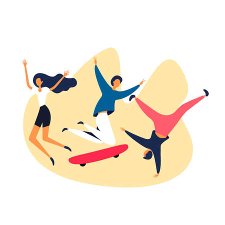 A group of friends spend time together having fun and skateboarding. Friends, young people, students have fun together. Flat vector illustration on isolated background for your designのイラスト素材