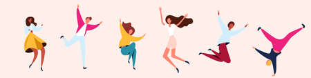 Group of happy young people are jumping with their hands up. Students, youth, friends, a group of friends. Flat bright vector illustration on isolated background. Illustration for your designのイラスト素材