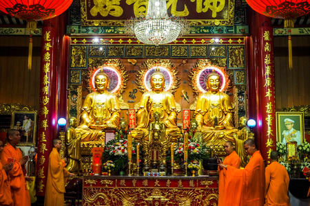 Bangkok, Thailand - March 15, 2017 : Thai monk worship in temple at Wat Mangkon Kamalawat (Wat Leng Noei Yi). Wat Leng Noei Yi is the most important Chinese Buddhist temple in Bangkok, Thailand.のeditorial素材