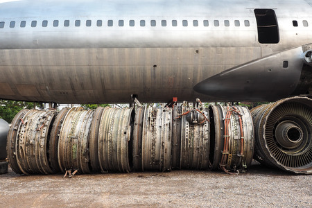 Turbine blades of aircraft jet engine - retro vintage filter effect and Airplane backgroundの写真素材