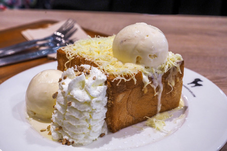 Honey toase with chese and ice-cream.の写真素材