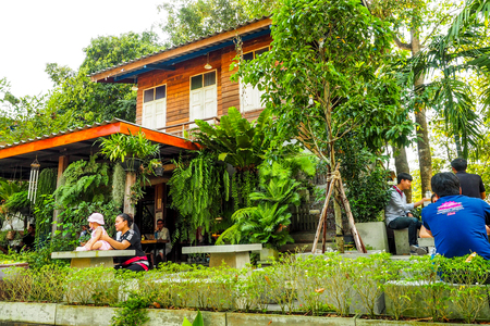 Chiang Mai, THAILAND - January 29, 2017: coffee house is a wooden house in the garden is a favorite of people  at BannKangWat Chiang Mai Thailand.のeditorial素材