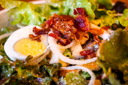 Healthy Grilled Chicken Caesar Salad with Cheese and Croutonsの写真素材