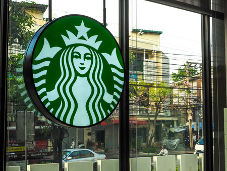 Bangkok, Thailand - April 18, 2017: Starbucks logo, Starbucks coffee is one of the most popular coffee house in Thailand.のeditorial素材