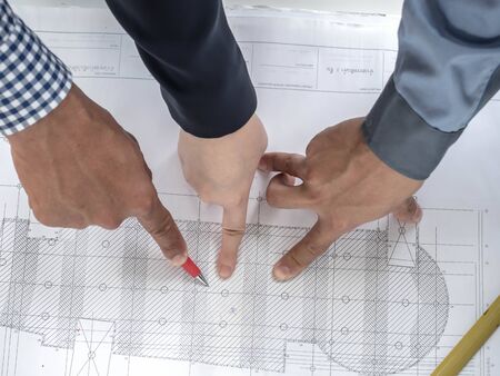 Top view teamwork concept, Engineer and workers discussing project of new building. ,Team of...