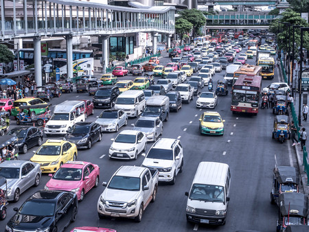 BANGKOK, THAILAND - June 12, 2017: : Traffic moves slowly on a busy city center road at Central World. Bangkok had one of the worst traffic problems in the world with unbelievable traffic jams.のeditorial素材