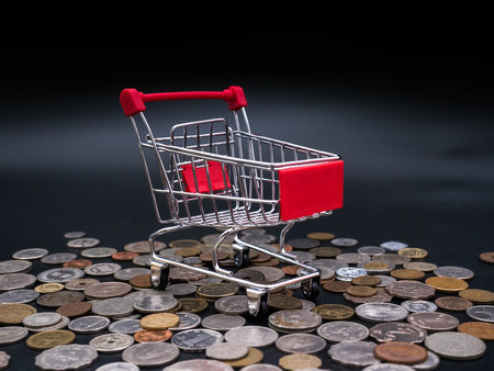 Small shopping cart on coins and banknotes  exchange money using as shopping online or marketing...