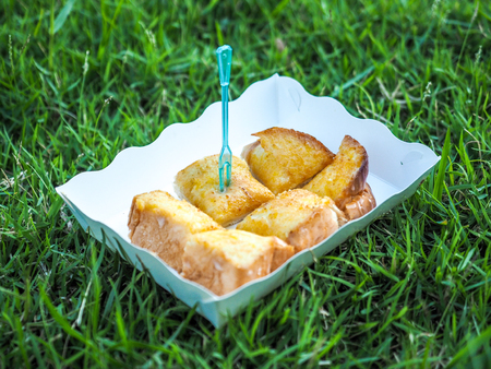bread doused in milk, paper plates resting on green grass.