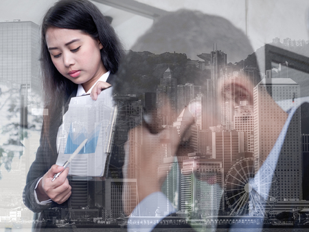 Linear Flat Business people disappointed about the loss. Graphic on monitor falling down. Business Fall concept.の写真素材