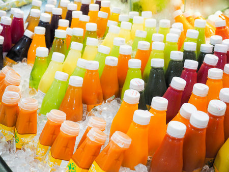 Vegetable juices are sold in many supermarkets refrigeratorのeditorial素材