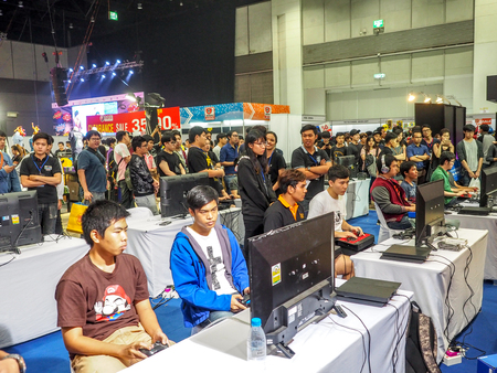 BANGKOK, THAILAND - APRIL 23, 201: People play to Playstation 4 videogames  at Thailand Comic Con 2017  ROYAL PARAGON HALL, in Bangkok Thailand.のeditorial素材