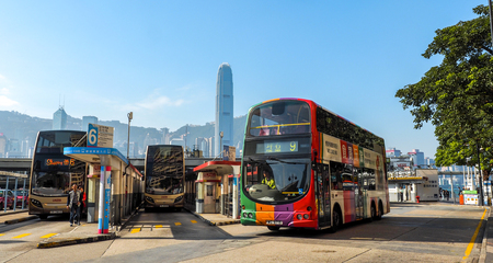 HONG KONG - DECEMBER 10, 2016: Bus station Victoria Harbor, on December 10, 2016 in Hong Kong. With a land mass of 1,104 km and a population of 7 million people, Hong Kong is one of the most populated areas in the worldのeditorial素材