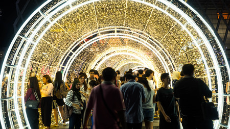 BANGKOK, THAILAND - November 30, 2017 : Centralworld shopping mall at night, Christmas day event welcome to Christmas and Happy New Year 2018 festival.のeditorial素材