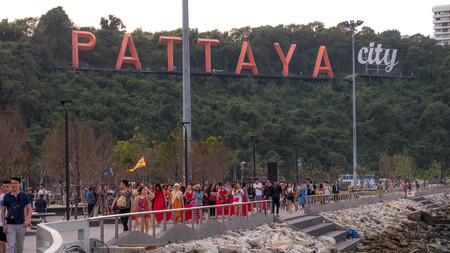 PATTAYA, THAILAND - January 14 - 2018: Billboard "PATTAYA CITY" in coast is landmark At the Bali Hai Pier Pattaya. There are many tourists to visit, illustrative-editorialのeditorial素材