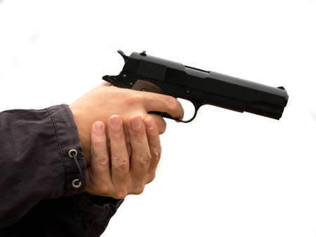 Killer holding a gun, Hand holding guns isolated on white background.