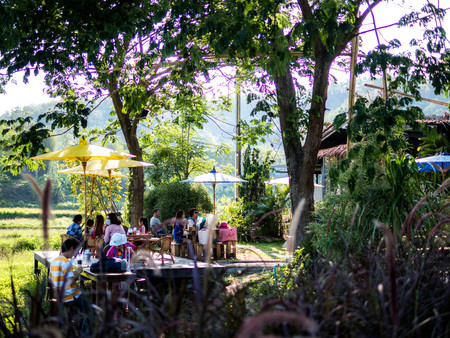 Chiang Mai, THAILAND - May 5, 2018: Brandnew Field Good, The beautiful wooden balcony in the mountain view background.のeditorial素材
