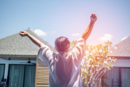 Morning of a new day,woman wake up standing out. Health and care conceptsの写真素材