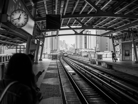 BANGKOK, THAILAND - October 6, 2018: BTS sky train empty station in Bangkok Thailand. Black and white Toneのeditorial素材