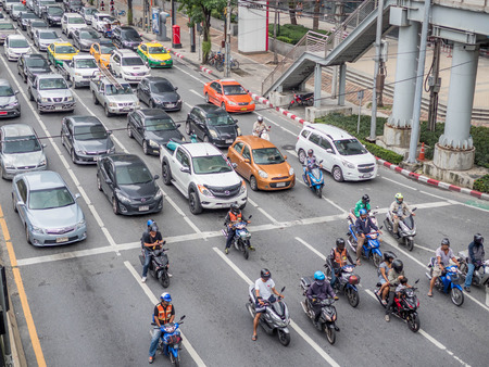 BANGKOK, THAILAND - October 6, 2018: Traffic nears gridlock on a busy road in the city center. City trafficのeditorial素材