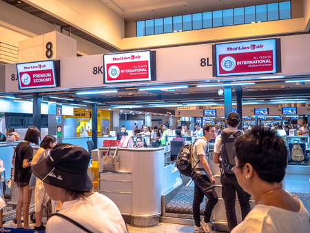 Don Muang Airport, Thailand - May 12, 2019: Check-in counter of thai lion air at the terminal(T1) of Don Muang Airport in Bangkok, Thailand. Thai lion air is a pioneer of low-cost airline in Asia.のeditorial素材