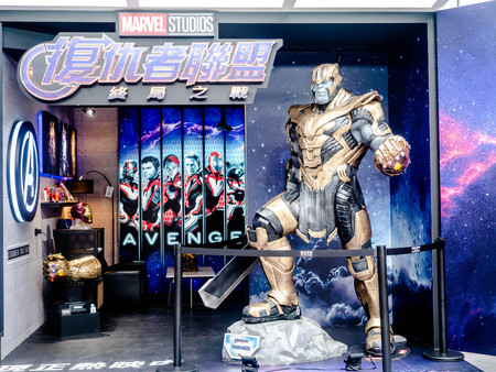 Taipei, Taiwan - May 16, 2019: Thanos full armor suit action figure show for promote Avengers endgame movie at street shot of Taipei Nan Shan Plaza near Taipei 101.のeditorial素材