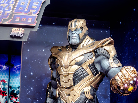 Taipei, Taiwan - May 16, 2019: Thanos full armor suit action figure show for promote Avengers endgame movie at street shot of Taipei Nan Shan Plaza near Taipei 101.のeditorial素材