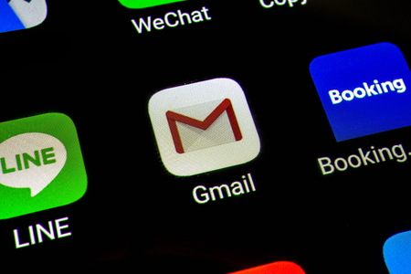Bangkok, Thailand - June 15 2019: Macro photo of Google Gmail application icon on a smartphone screen. Gmail is popular Internet online e-mail. Social media icon.のeditorial素材